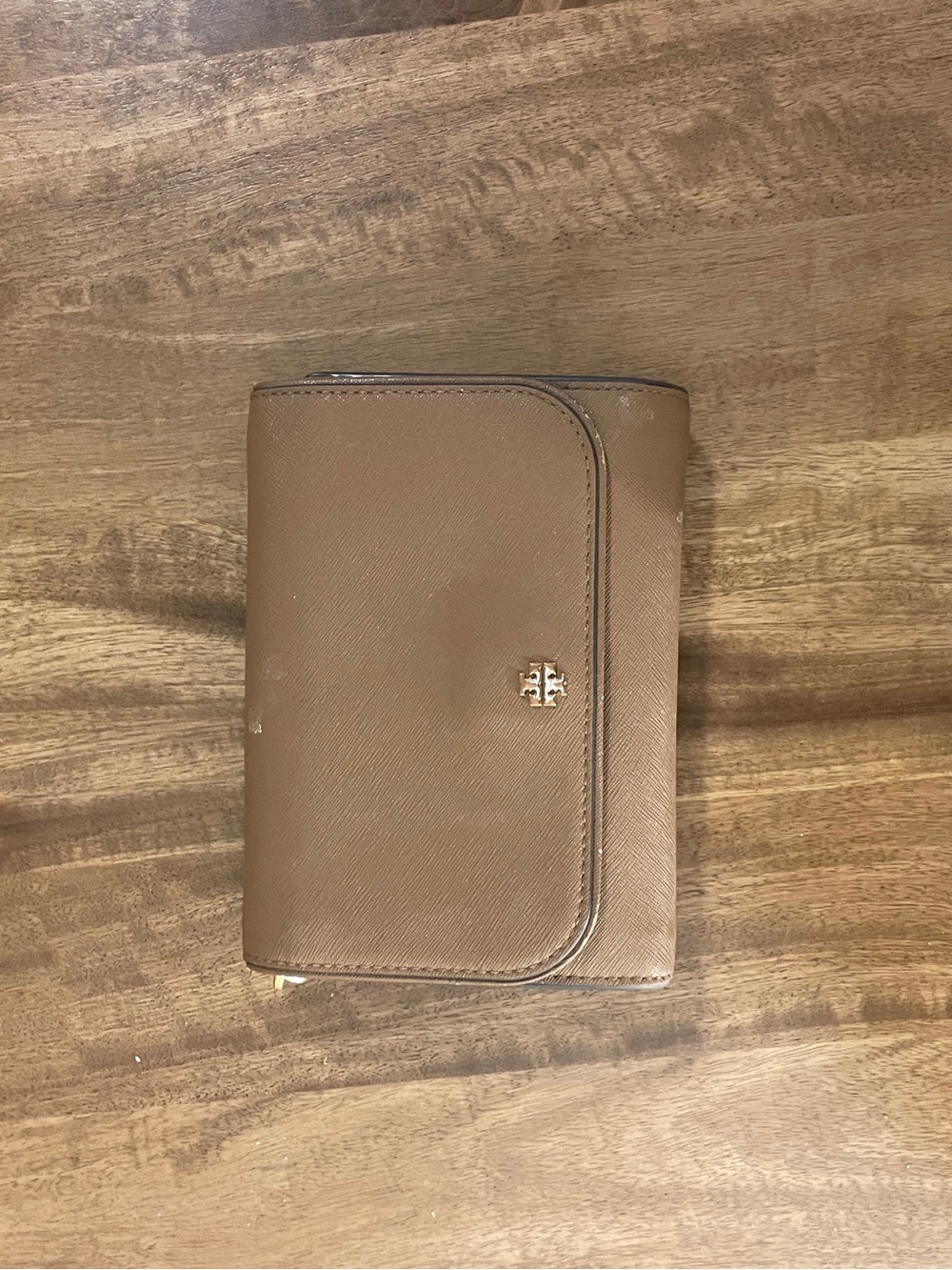 Tory Burch Tan Saffiano Leather Compact Wallet with Gold Logo